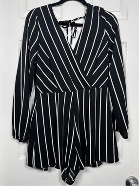 Altar’d State Black White Striped Long Sleeve Open Back Romper M